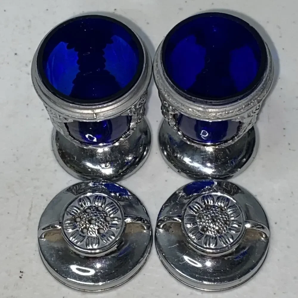 Vintage Cobalt Blue and Silver Rose Salt & Pepper Shakers Made in Occupied Japan